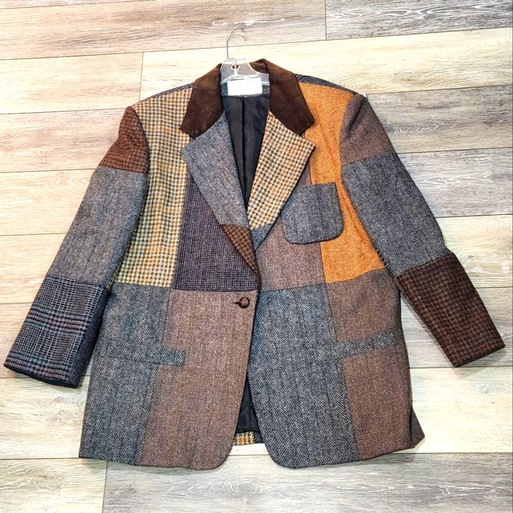 International Scene Vintage Suede Leather Patchwork Blazer - Picture 1 of 8